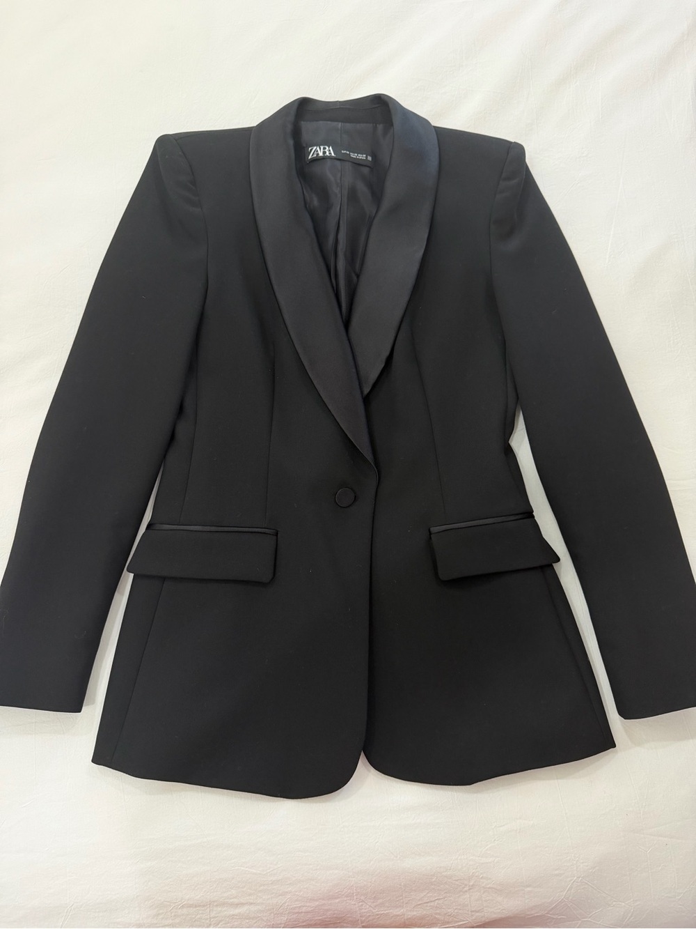 Zara Black Satin-Lapel Single-Button Blazer